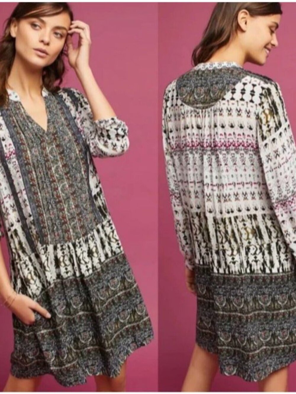 Tiny Anthropologie Mollie Mini Shift Dress Sz L Long Sleeve Boho Geometric Tunic